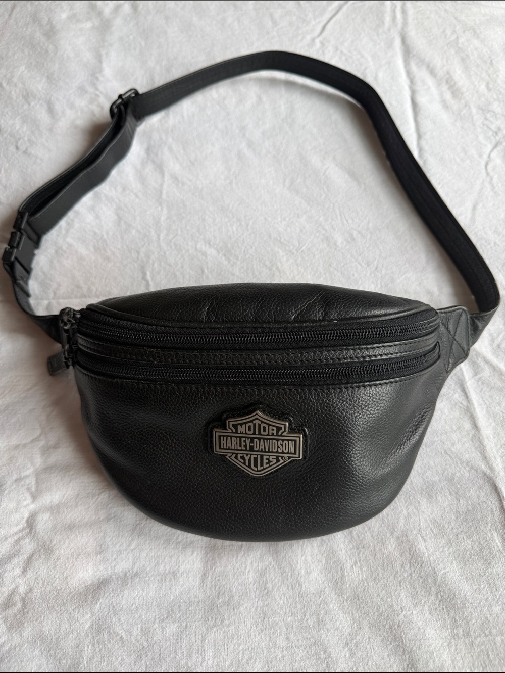 Vintage Harley-Davidson Black Leather Belt Bag with Logo Patch